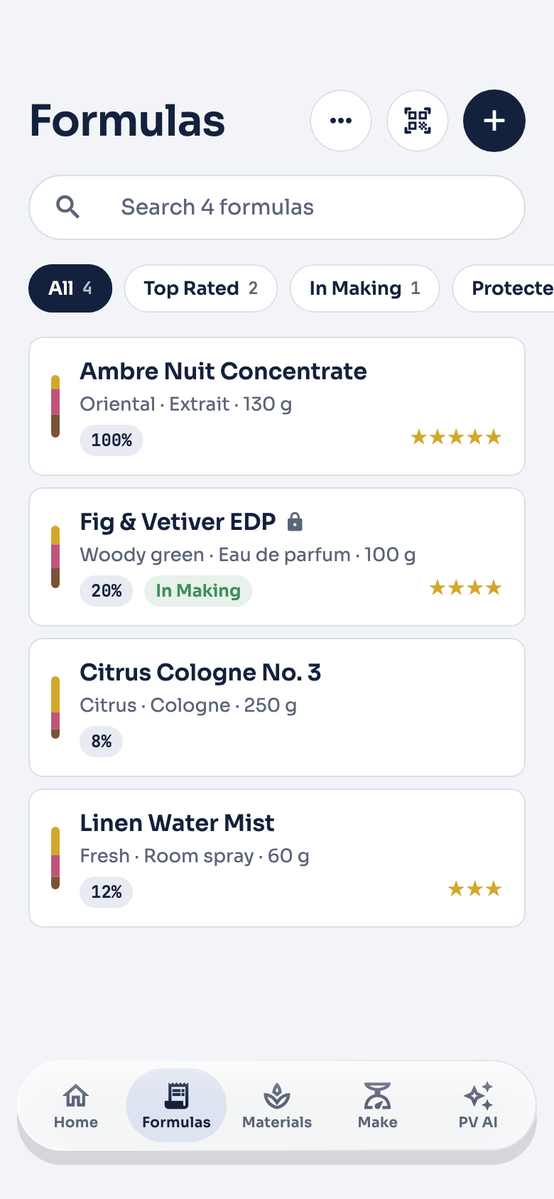 The formula list in Perfumers Vault 2, with ratings, concentrations and note bars