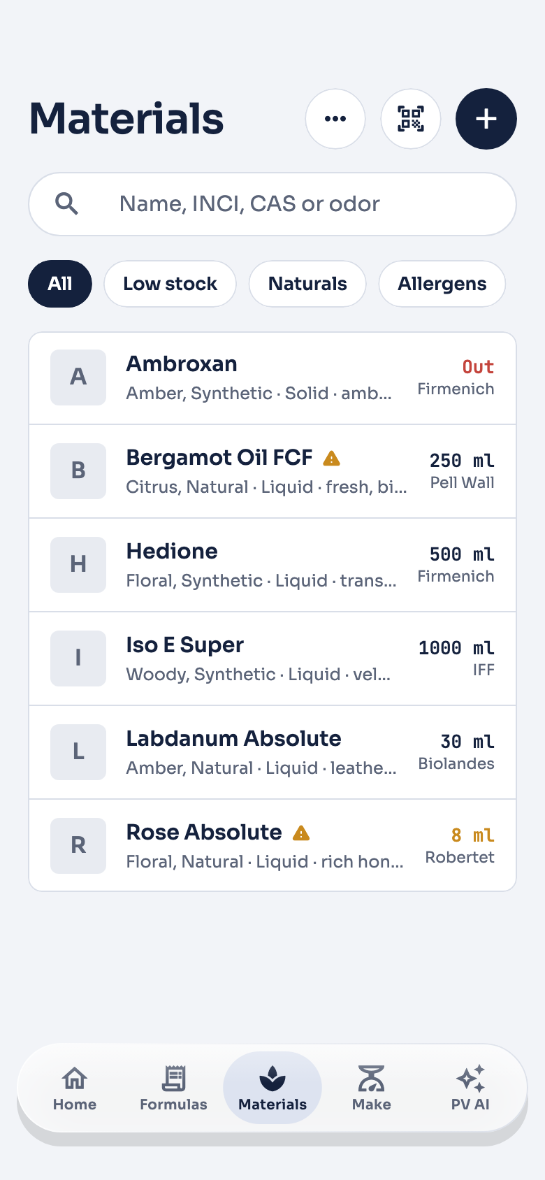 The material library in Perfumers Vault 2, showing stock and suppliers